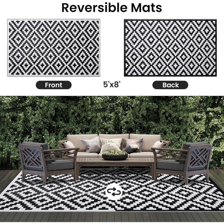 OLANLY Outdoor Rug Waterproof Reversible 5x8 ft, Durable Plastic Straw Patio Camping Carpet, Large Foldable RV Mat for Backyard, Deck, Picnic, Camper, Bench, All - Weather, Lightweight, Black & White - Just Closeouts Canada Inc.