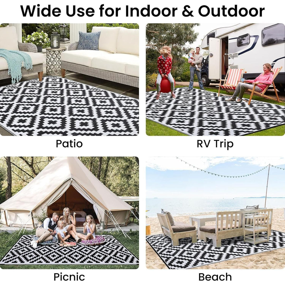 OLANLY Outdoor Rug Waterproof Reversible 5x8 ft, Durable Plastic Straw Patio Camping Carpet, Large Foldable RV Mat for Backyard, Deck, Picnic, Camper, Bench, All - Weather, Lightweight, Black & White - Just Closeouts Canada Inc.