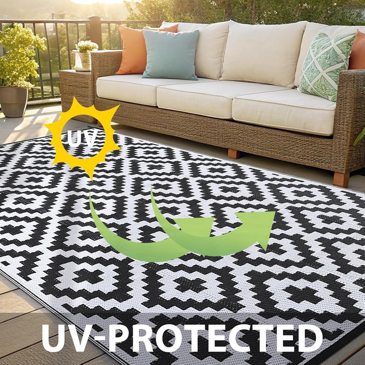 OLANLY Outdoor Rug Waterproof Reversible 5x8 ft, Durable Plastic Straw Patio Camping Carpet, Large Foldable RV Mat for Backyard, Deck, Picnic, Camper, Bench, All - Weather, Lightweight, Black & White - Just Closeouts Canada Inc.