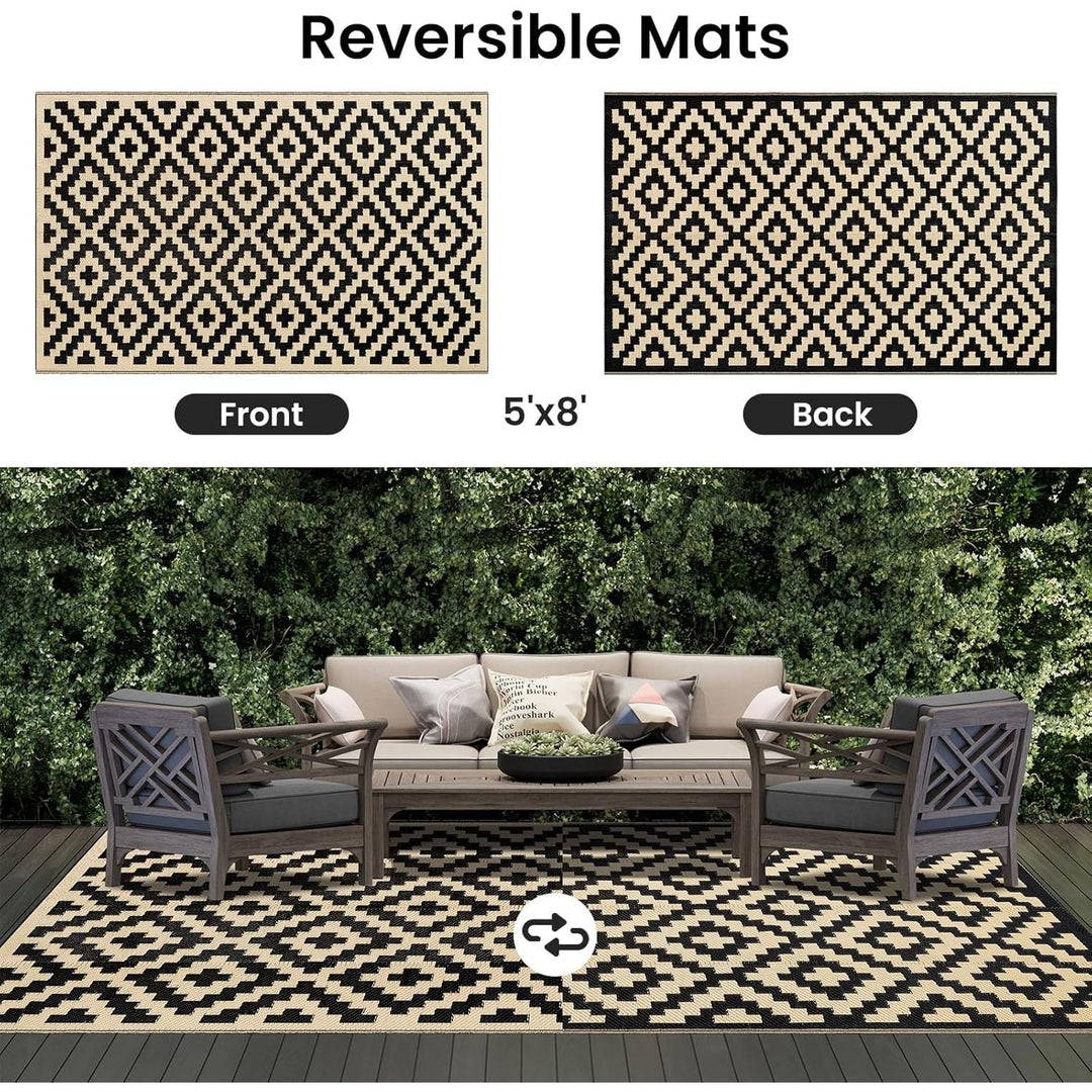 OLANLY Outdoor Rug Waterproof Reversible 5x8 ft, Durable Plastic Straw Patio Camping Carpet, Large Foldable RV Mat for Backyard, Deck, Picnic, Camper, Bench, All - Weather, Lightweight, Black & Beige - Just Closeouts Canada Inc.