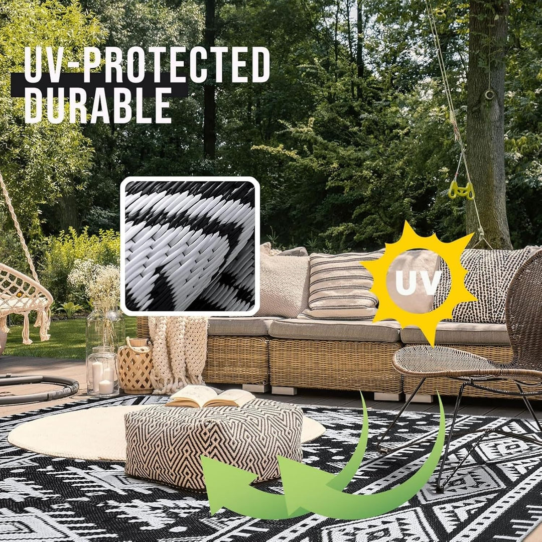 OLANLY Waterproof Outdoor Rug 5x8 ft, Reversible Plastic Straw Patio Camping Rugs, Large Foldable Outdoor Carpet Deck Rugs for Patio, RV, Outside Entry, Backyard, Bench, Picnic, Black & White - Just Closeouts Canada Inc.
