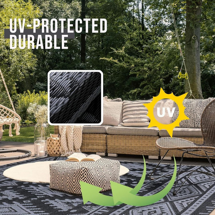 OLANLY Waterproof Outdoor Rug 5x8 ft, Reversible Plastic Straw Patio Camping Rugs, Large Foldable Outdoor Carpet Deck Rugs for Patio, RV, Outside Entry, Backyard, Bench, Picnic, Black & Grey - Just Closeouts Canada Inc.
