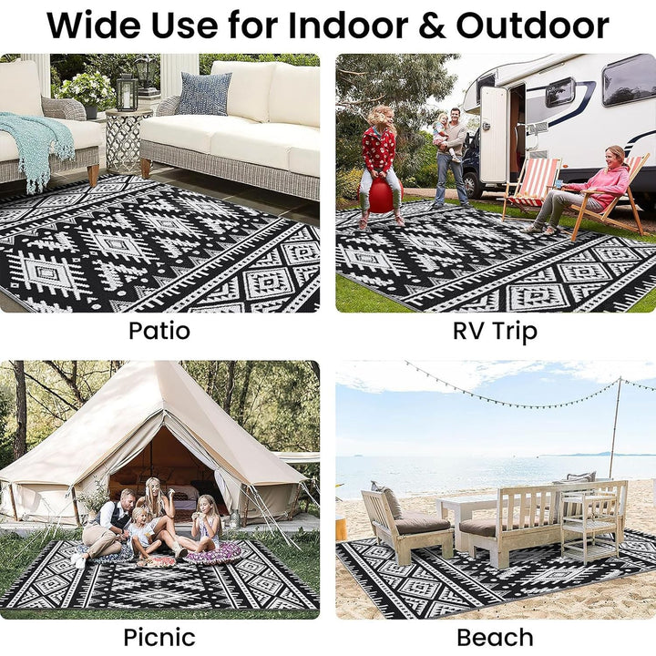 OLANLY Waterproof Outdoor Rug 5x8 ft, Reversible Plastic Straw Patio Camping Rugs, Large Foldable Outdoor Carpet Deck Rugs for Patio, RV, Outside Entry, Backyard, Bench, Picnic, Black & White - Just Closeouts Canada Inc.