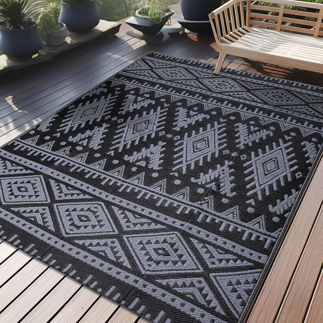 OLANLY Waterproof Outdoor Rug 5x8 ft, Reversible Plastic Straw Patio Camping Rugs, Large Foldable Outdoor Carpet Deck Rugs for Patio, RV, Outside Entry, Backyard, Bench, Picnic, Black & Grey - Just Closeouts Canada Inc.