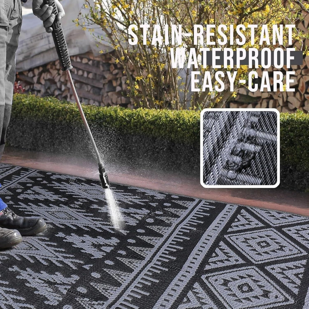 OLANLY Waterproof Outdoor Rug 5x8 ft, Reversible Plastic Straw Patio Camping Rugs, Large Foldable Outdoor Carpet Deck Rugs for Patio, RV, Outside Entry, Backyard, Bench, Picnic, Black & Grey - Just Closeouts Canada Inc.