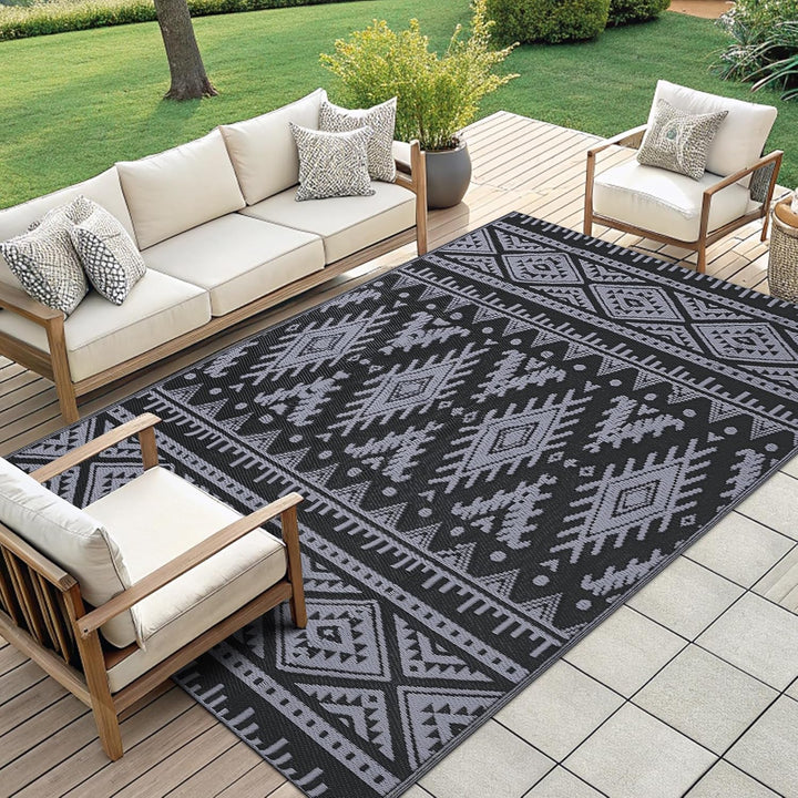 OLANLY Waterproof Outdoor Rug 5x8 ft, Reversible Plastic Straw Patio Camping Rugs, Large Foldable Outdoor Carpet Deck Rugs for Patio, RV, Outside Entry, Backyard, Bench, Picnic, Black & Grey - Just Closeouts Canada Inc.