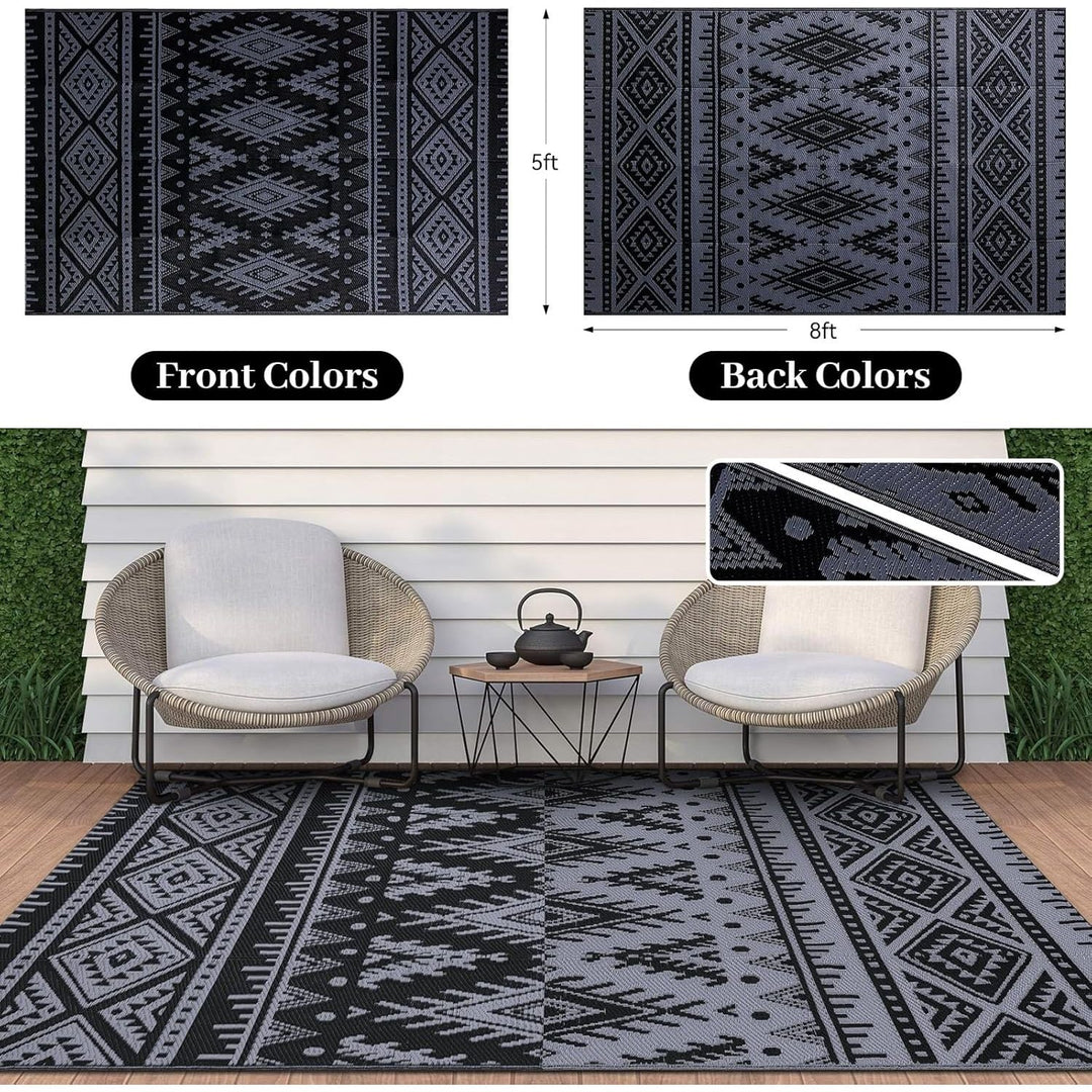 OLANLY Waterproof Outdoor Rug 5x8 ft, Reversible Plastic Straw Patio Camping Rugs, Large Foldable Outdoor Carpet Deck Rugs for Patio, RV, Outside Entry, Backyard, Bench, Picnic, Black & Grey - Just Closeouts Canada Inc.