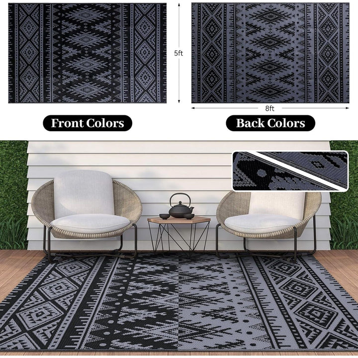 OLANLY Waterproof Outdoor Rug 5x8 ft, Reversible Plastic Straw Patio Camping Rugs, Large Foldable Outdoor Carpet Deck Rugs for Patio, RV, Outside Entry, Backyard, Bench, Picnic, Black & Grey - Just Closeouts Canada Inc.