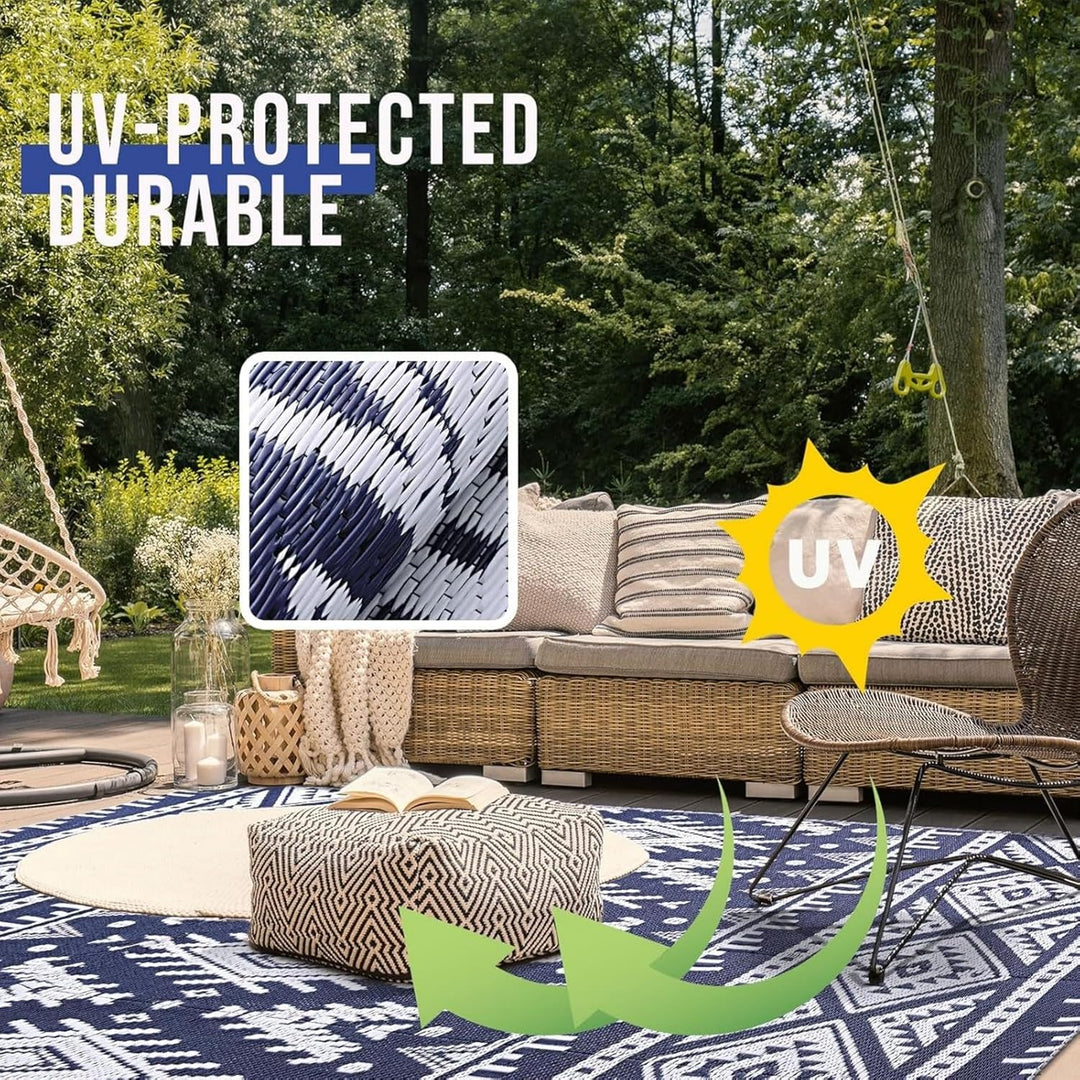 OLANLY Waterproof Outdoor Rug 5x8 ft, Reversible Plastic Straw Patio Camping Rugs, Large Foldable Outdoor Carpet Deck Rugs for Patio, RV, Outside Entry, Backyard, Bench, Picnic, Navy & White - Just Closeouts Canada Inc.