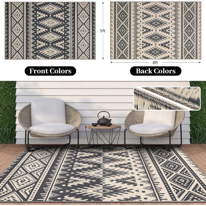 OLANLY Waterproof Outdoor Rug 5x8 ft, Reversible Plastic Straw Patio Camping Rugs, Large Foldable Outdoor Carpet Deck Rugs for Patio, RV, Outside Entry, Backyard, Bench, Picnic, Black & Beige - Just Closeouts Canada Inc.