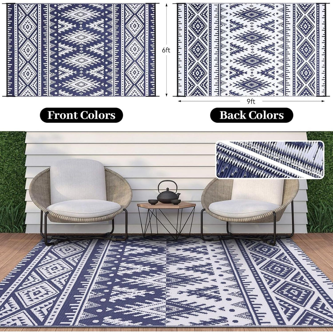 OLANLY Waterproof Outdoor Rug 6x9 ft, Reversible Plastic Straw Patio Camping Rugs, Large Foldable Outdoor Carpet Deck Rugs for Patio, RV, Outside Entry, Backyard, Bench, Picnic, Navy & White - Just Closeouts Canada Inc.