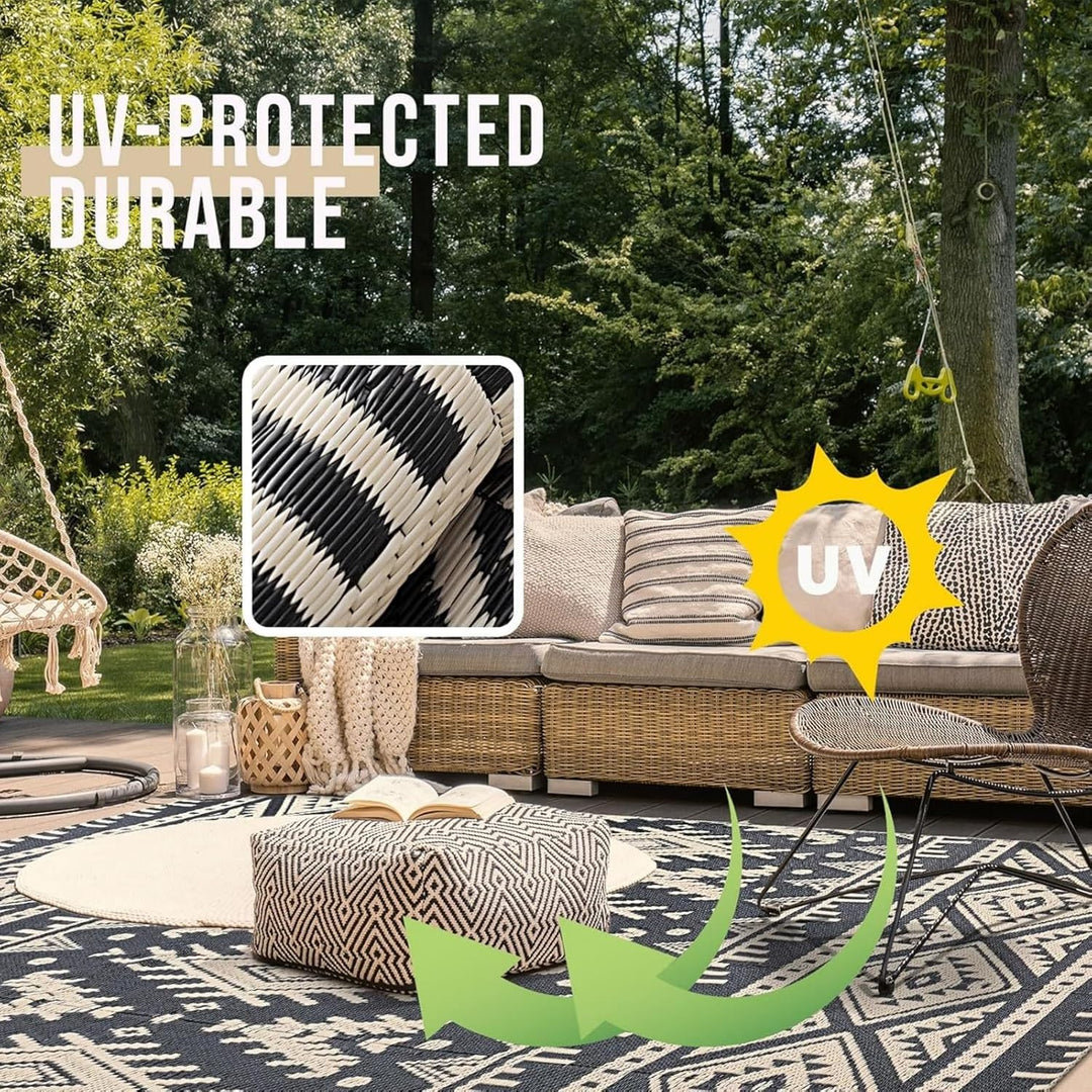 OLANLY Waterproof Outdoor Rug 6x9 ft, Reversible Plastic Straw Patio Camping Rugs, Large Foldable Outdoor Carpet Deck Rugs for Patio, RV, Outside Entry, Backyard, Bench, Picnic, Black & Beige - Just Closeouts Canada Inc.