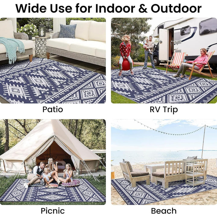 OLANLY Waterproof Outdoor Rug 6x9 ft, Reversible Plastic Straw Patio Camping Rugs, Large Foldable Outdoor Carpet Deck Rugs for Patio, RV, Outside Entry, Backyard, Bench, Picnic, Navy & White - Just Closeouts Canada Inc.