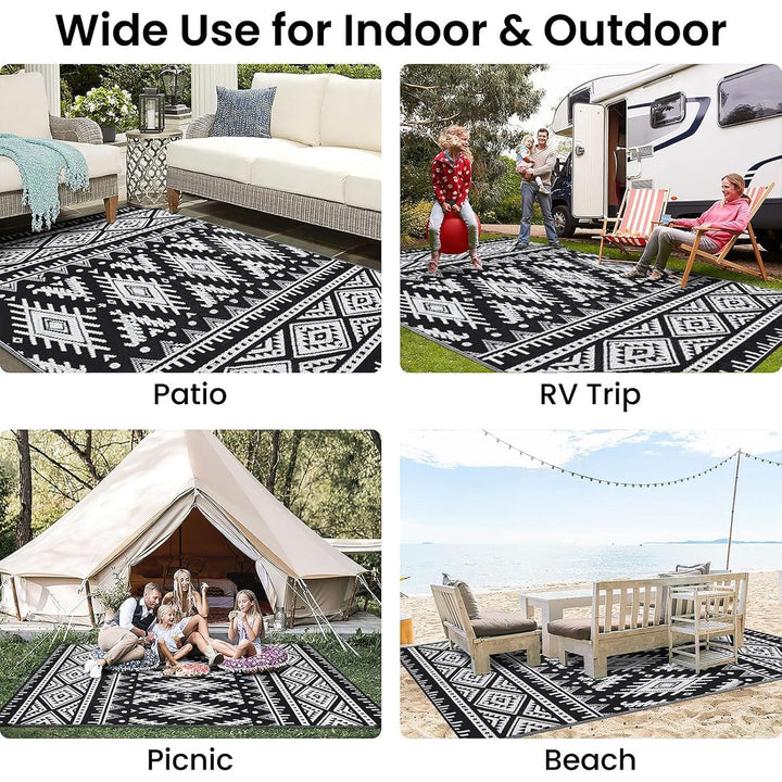 OLANLY Waterproof Outdoor Rug 6x9 ft, Reversible Plastic Straw Patio Camping Rugs, Large Foldable Outdoor Carpet Deck Rugs for Patio, RV, Outside Entry, Backyard, Bench, Picnic, Black & White - Just Closeouts Canada Inc.