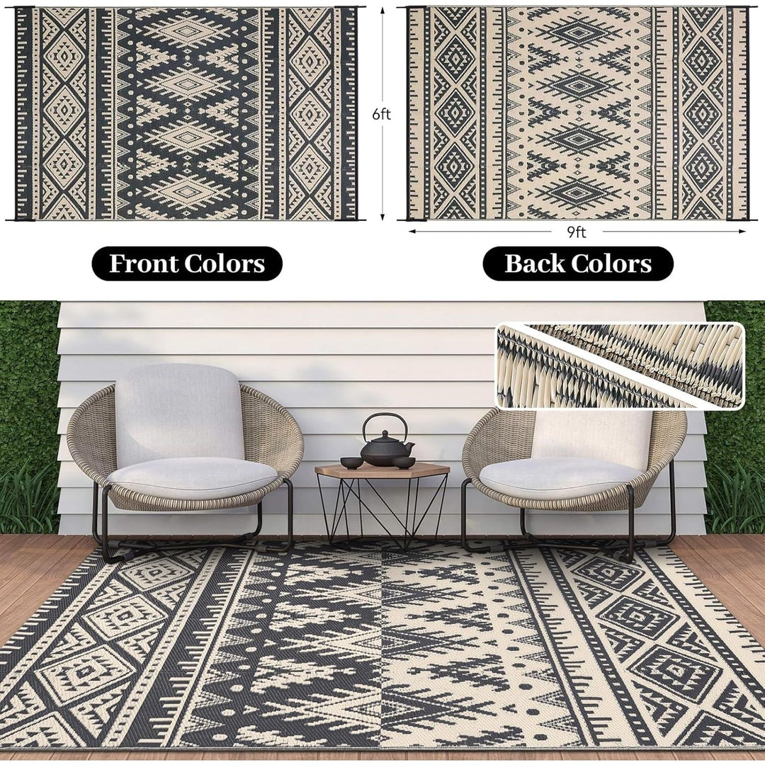 OLANLY Waterproof Outdoor Rug 6x9 ft, Reversible Plastic Straw Patio Camping Rugs, Large Foldable Outdoor Carpet Deck Rugs for Patio, RV, Outside Entry, Backyard, Bench, Picnic, Black & Beige - Just Closeouts Canada Inc.