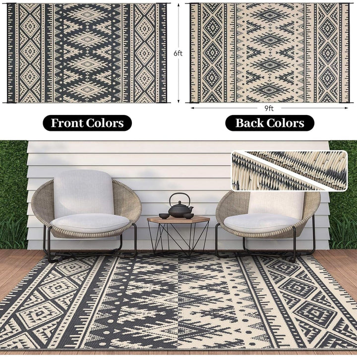 OLANLY Waterproof Outdoor Rug 6x9 ft, Reversible Plastic Straw Patio Camping Rugs, Large Foldable Outdoor Carpet Deck Rugs for Patio, RV, Outside Entry, Backyard, Bench, Picnic, Black & Beige - Just Closeouts Canada Inc.