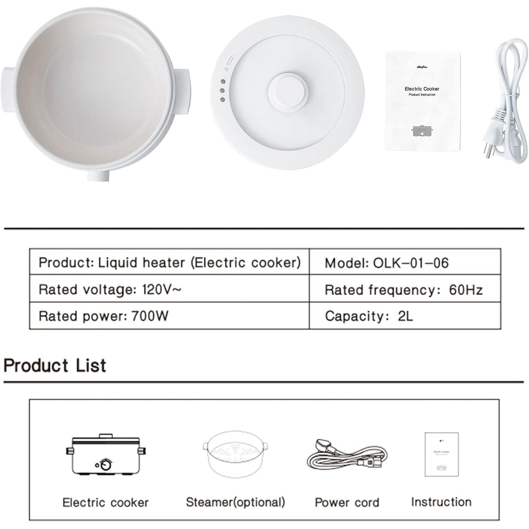 Olayks Electric Steamer for Cooking, 2L Ceramic Glaze Non - stick Pot, Dual Power Multi - functional Electric Cooker, Suitable for Steak, Pasta, Hot Pot, Ramen, Quick Heating and Overheat Protection - Just Closeouts Canada Inc.