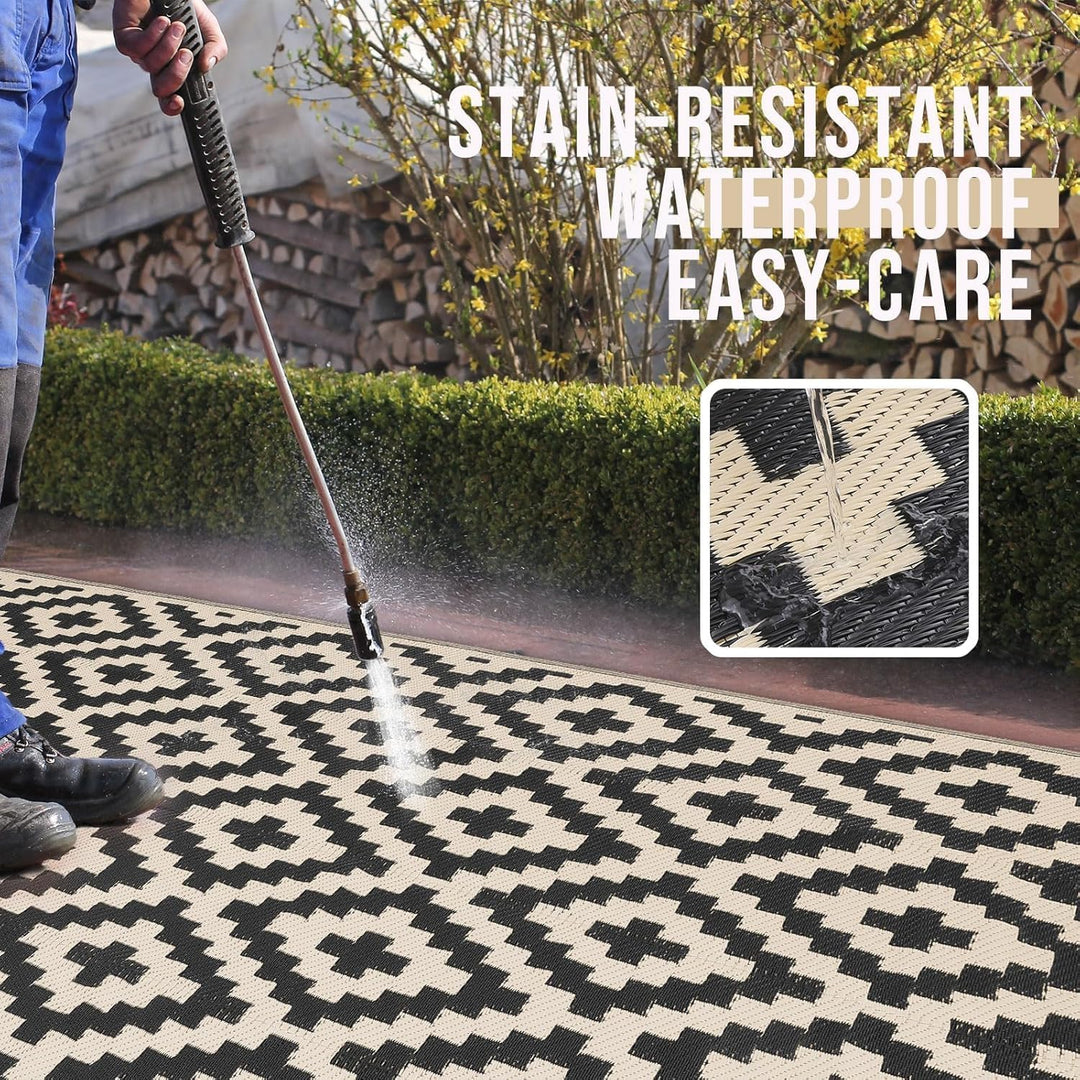Outdoor Rug Waterproof Reversible 9x12 ft, Durable Plastic Straw Patio Camping Carpet, Large Foldable RV Mat for Backyard, Deck, Picnic, Camper, Bench, All - Weather, Lightweight, Black & Beige - Just Closeouts Canada Inc.
