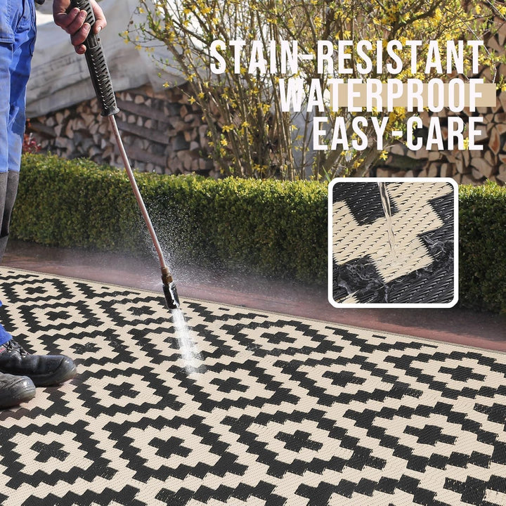 Outdoor Rug Waterproof Reversible 9x12 ft, Durable Plastic Straw Patio Camping Carpet, Large Foldable RV Mat for Backyard, Deck, Picnic, Camper, Bench, All - Weather, Lightweight, Black & Beige - Just Closeouts Canada Inc.