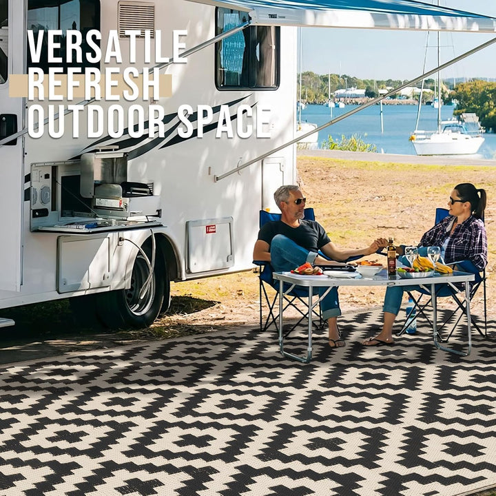 Outdoor Rug Waterproof Reversible 9x12 ft, Durable Plastic Straw Patio Camping Carpet, Large Foldable RV Mat for Backyard, Deck, Picnic, Camper, Bench, All - Weather, Lightweight, Black & Beige - Just Closeouts Canada Inc.