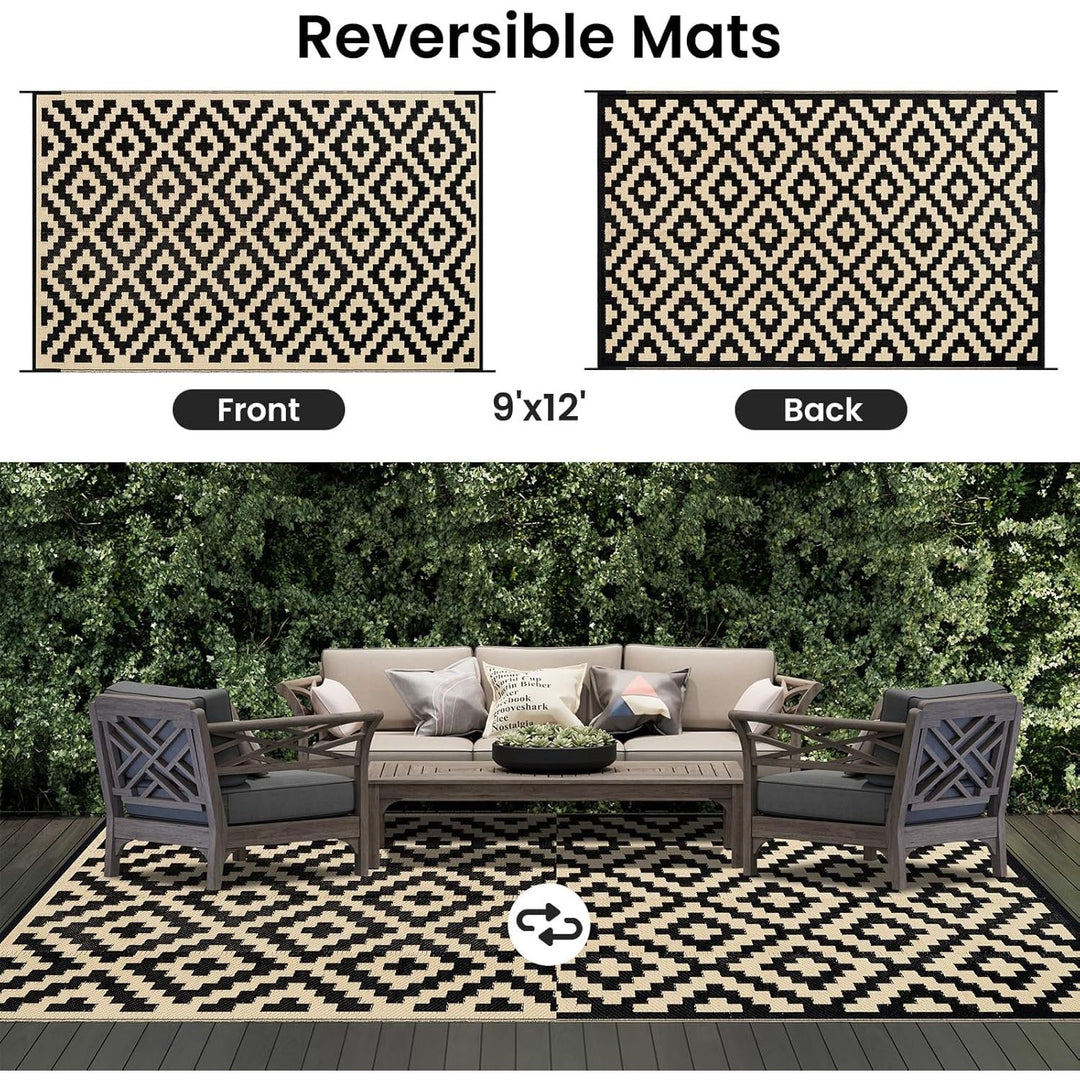 Outdoor Rug Waterproof Reversible 9x12 ft, Durable Plastic Straw Patio Camping Carpet, Large Foldable RV Mat for Backyard, Deck, Picnic, Camper, Bench, All - Weather, Lightweight, Black & Beige - Just Closeouts Canada Inc.