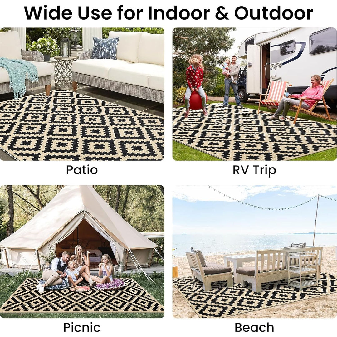 Outdoor Rug Waterproof Reversible 9x12 ft, Durable Plastic Straw Patio Camping Carpet, Large Foldable RV Mat for Backyard, Deck, Picnic, Camper, Bench, All - Weather, Lightweight, Black & Beige - Just Closeouts Canada Inc.