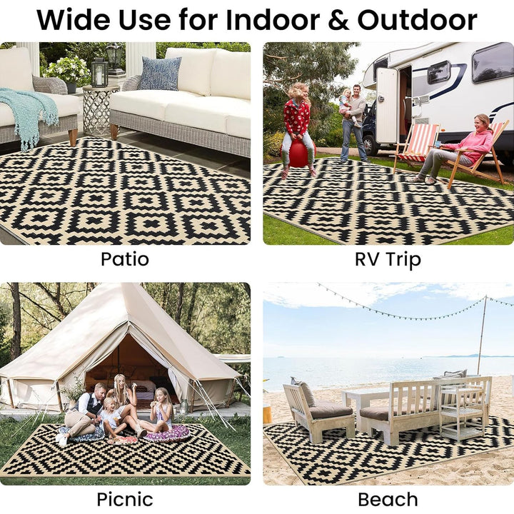 Outdoor Rug Waterproof Reversible 9x12 ft, Durable Plastic Straw Patio Camping Carpet, Large Foldable RV Mat for Backyard, Deck, Picnic, Camper, Bench, All - Weather, Lightweight, Black & Beige - Just Closeouts Canada Inc.