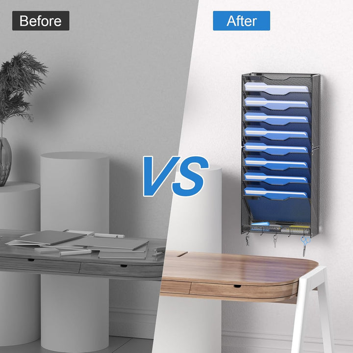 OUTWOLF 10 Tier Hanging Wall File Organizer Wall Mount Paper Document Folder Holder with Hooks for Home Office Organization - Just Closeouts Canada Inc.