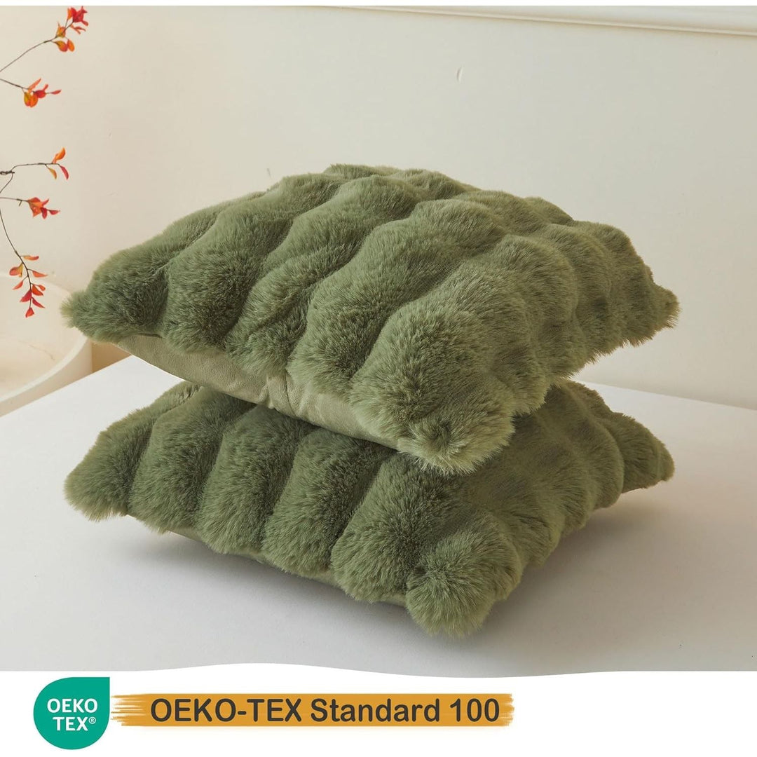 Pack of 2 Fluffy Faux Rabbit Fur Euro Sham Pillow Covers 26x26, Plush Bubble Decorative Throw Pillow Cushion Covers with Zipper, Furry Accent Pillowcases for Bedroom Living Room, Sage Green - Just Closeouts Canada Inc.