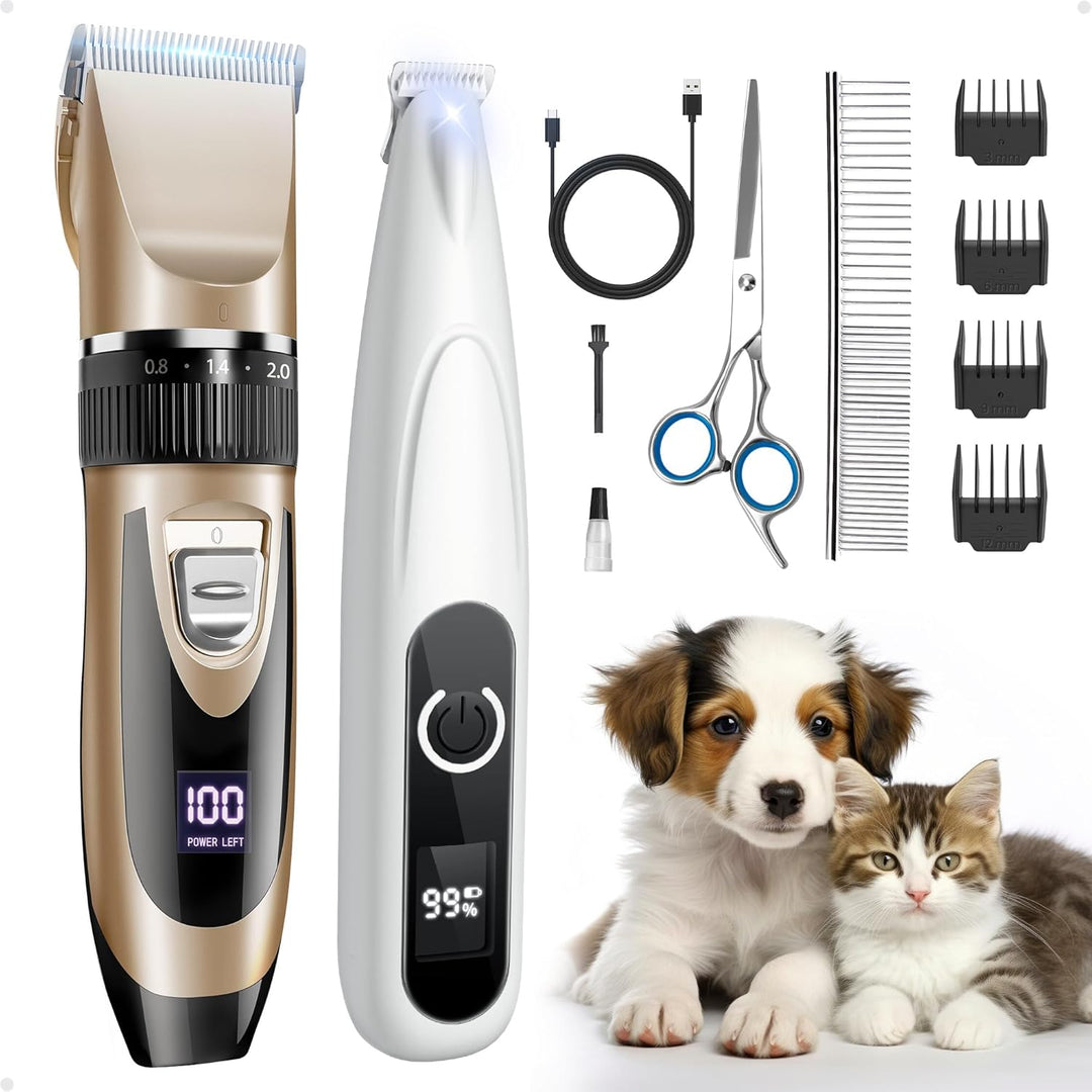 PAPMINI 2 in 1 Dog Grooming Kit, Low Noise Rechargeable Dog Clippers for Grooming, Cordless Pet Hair Clippers and Paw Trimmer, Pet Shavers for Small Dogs Cats Animals (Gold) - Just Closeouts Canada Inc.