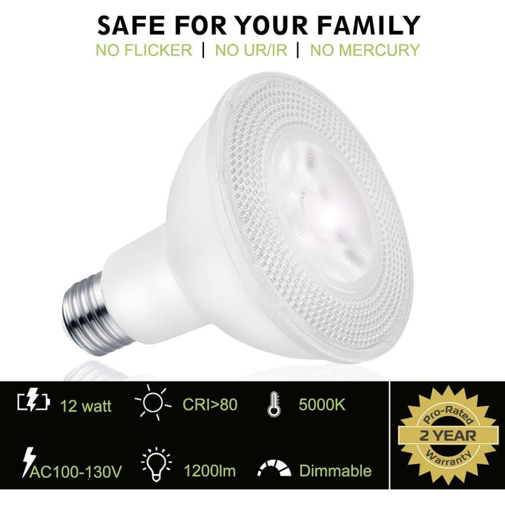 PAR30 LED Long Neck Flood Light Bulbs, 5000K Daylight White Dimmable Spotlight, 12W=75W Halogen, 1200LM E26 Base 40 Degree, Indoor/Outdoor, 4 Pack - Just Closeouts Canada Inc.X002J1EEE7,X002AGRHXL