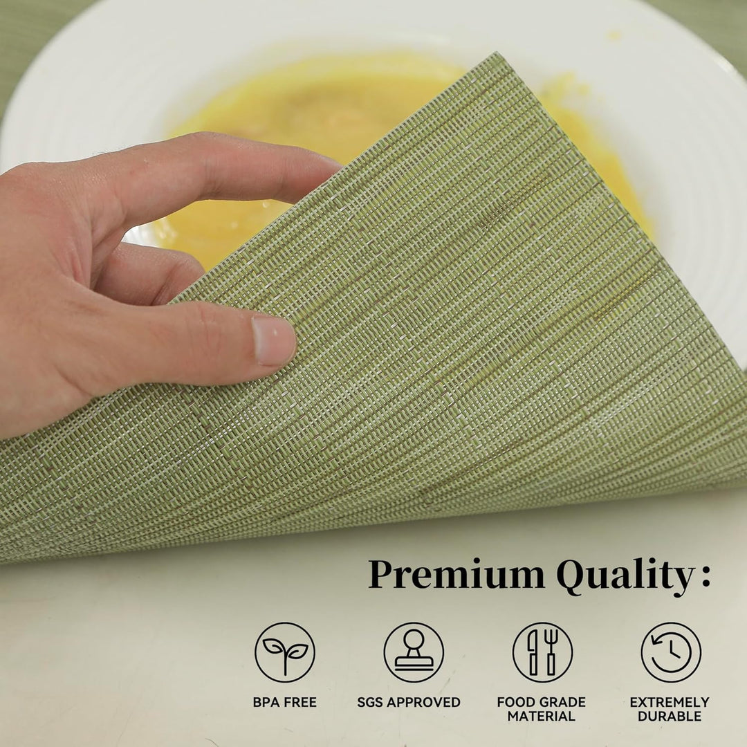 Pea Green Placemats Set of 6 - Heat Resistant Non - Slip Place mats for Dining Table, Washable Durable PVC Vinyl Woven Table Mats（Pea Green, 6） - Just Closeouts Canada Inc.