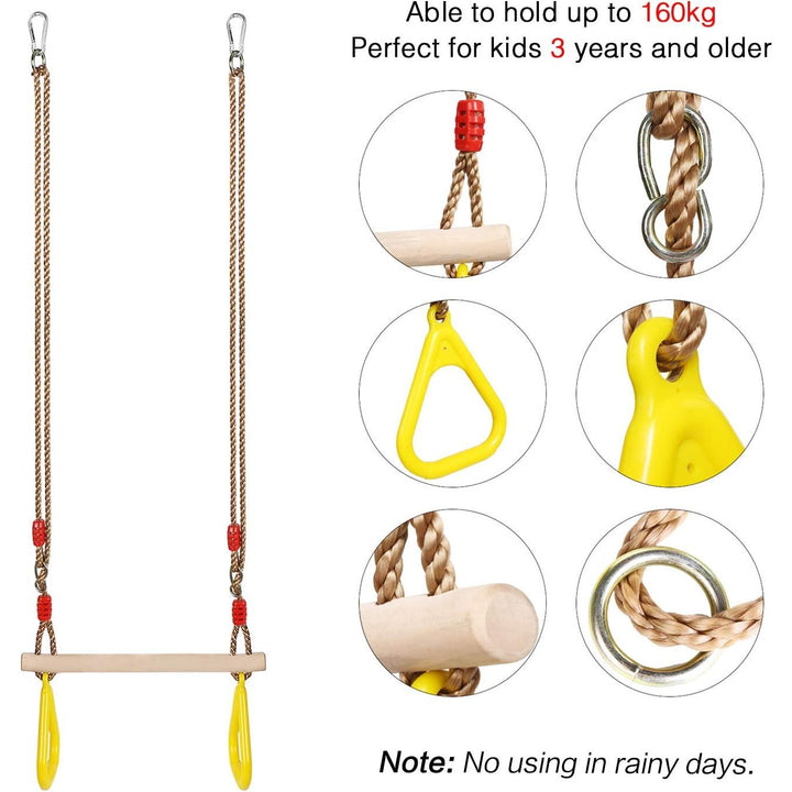 PELLOR Playground Children's Wooden Trapeze Swing Bar with Plastic Gym Rings Swing Set for Indoor & Outdoor Fun - Just Closeouts Canada Inc.