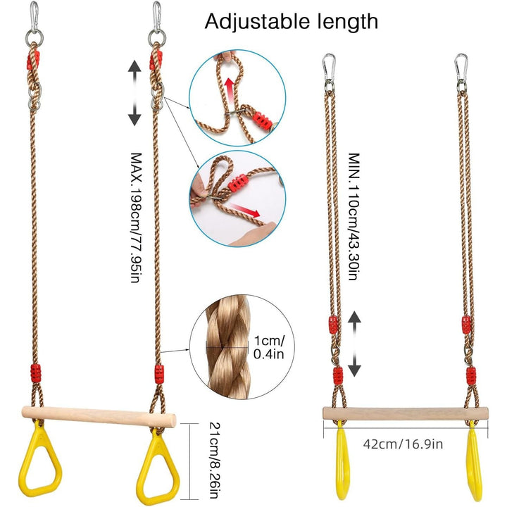 PELLOR Playground Children's Wooden Trapeze Swing Bar with Plastic Gym Rings Swing Set for Indoor & Outdoor Fun - Just Closeouts Canada Inc.