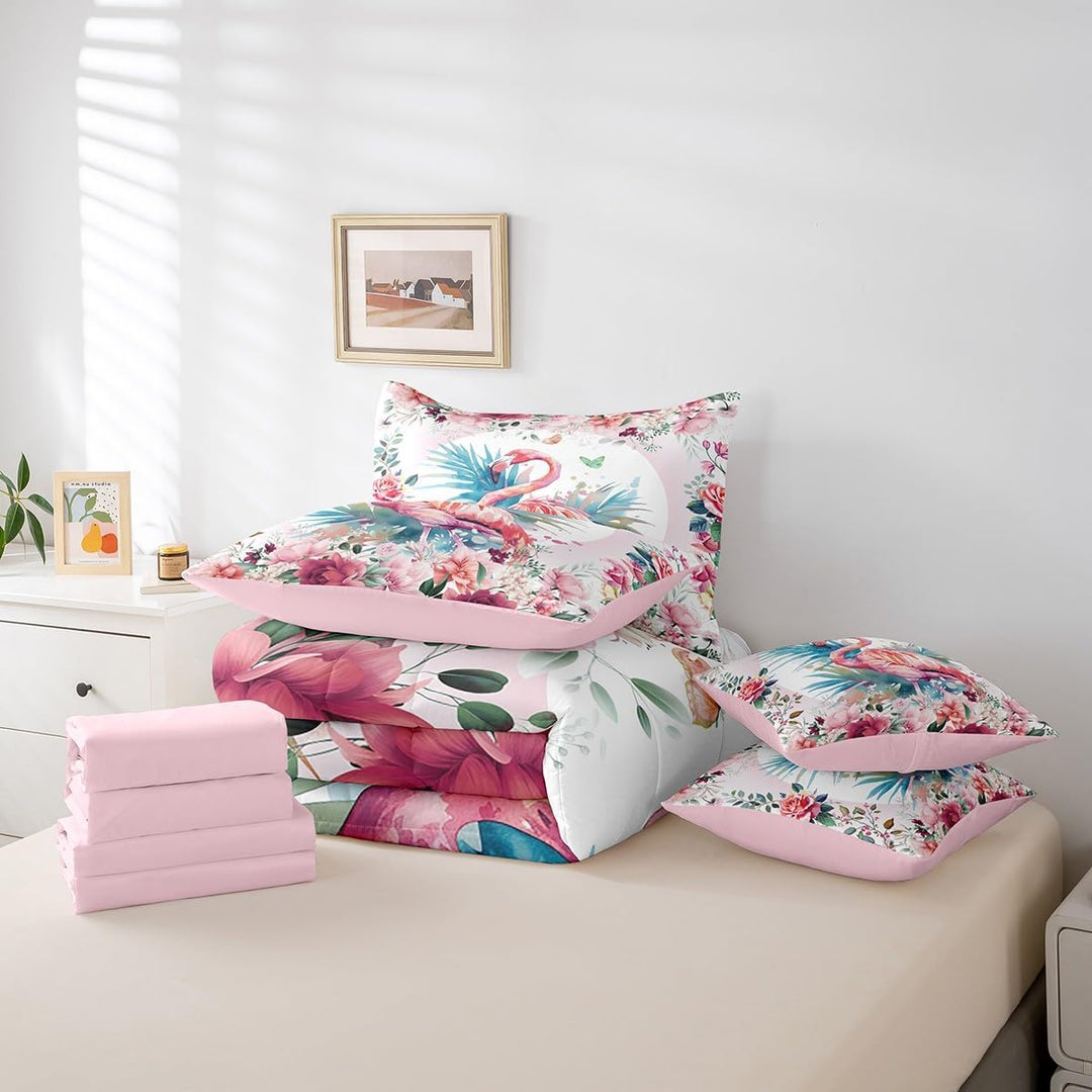 Pink Floral Flamingo Twin 7-Piece Comforter & Sheet Set - Just Closeouts Canada Inc.X004YEBEU9