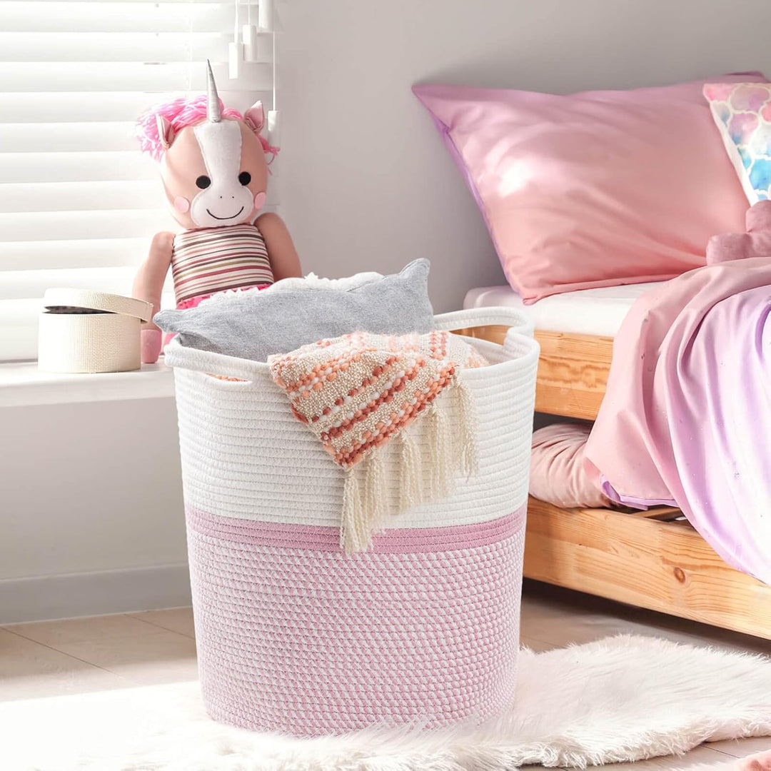 Pink Laundry Storage Basket, Baby Laundry Hamper, Woven Rope Toy Basket for Towel, Pillow, Blanket Storage Basket Nursery Bin, 15.8 X 13.8 X 17.8, Pink - Just Closeouts Canada Inc.