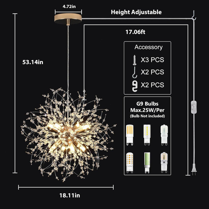 Plug in Modern Crystal Chandeliers Ceiling Lights, 8 - Light Plug in Pendant Light Hanging Lights That Plug in Dining Room Light Fixtures,Chrome Sputnik Fireworks Chandelier for Kitchen Bedroom Entryway - Just Closeouts Canada Inc.