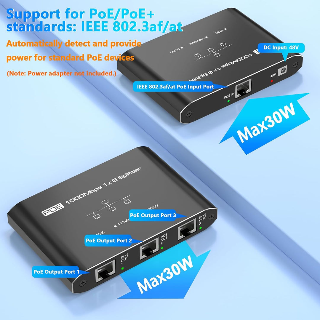 PoE Switch 1 in 3 Out, Gigabit 3 Port PoE Splitter, IEEE 802.3at/af Compliant, 30W per Port Power Over Ethernet Hub for IP Cameras/Access Points/VoIP Phones (328 Ft), Network Hub for Cat5e/6/7/8 Cable - Just Closeouts Canada Inc.X004QUF001