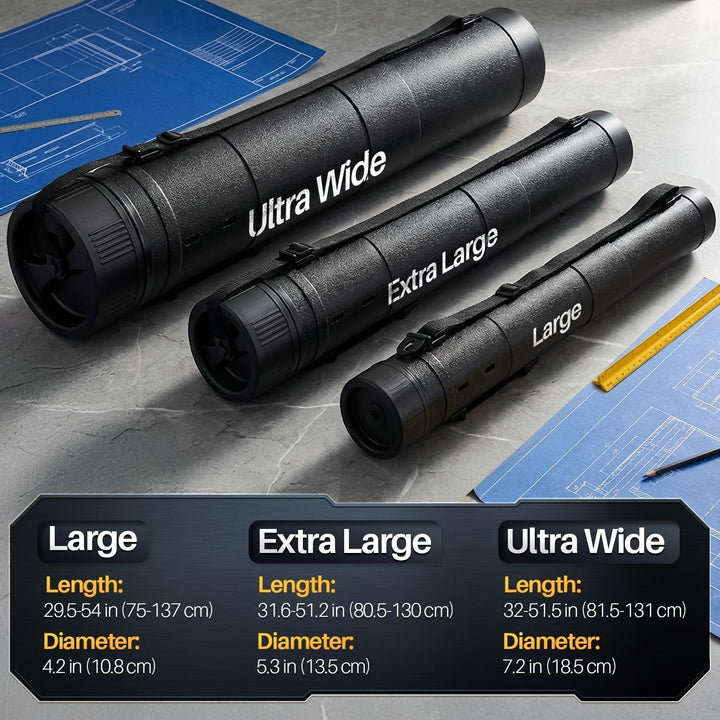 Poster, Art, Document Tube with Strap, Expandable Waterproof Plastic Container, Telescoping Cylindrical Storage Case, Portable Paper Holder for Draft Sketch Blueprint, Black, L - Just Closeouts Canada Inc.