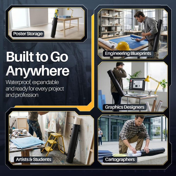 Poster, Art, Document Tube with Strap, Expandable Waterproof Plastic Container, Telescoping Cylindrical Storage Case, Portable Paper Holder for Draft Sketch Blueprint, Black, L - Just Closeouts Canada Inc.