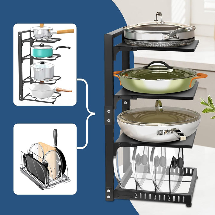 Pot Rack Organizers:4 - Tier Adjustable Heavy Duty Pan Organizer for Cabinet ，Multiple Use Modes，Pot Rack & Pan Rack for Kitchen Counter and Cabinet - Just Closeouts Canada Inc.