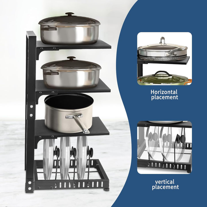 Pot Rack Organizers:4 - Tier Adjustable Heavy Duty Pan Organizer for Cabinet ，Multiple Use Modes，Pot Rack & Pan Rack for Kitchen Counter and Cabinet - Just Closeouts Canada Inc.