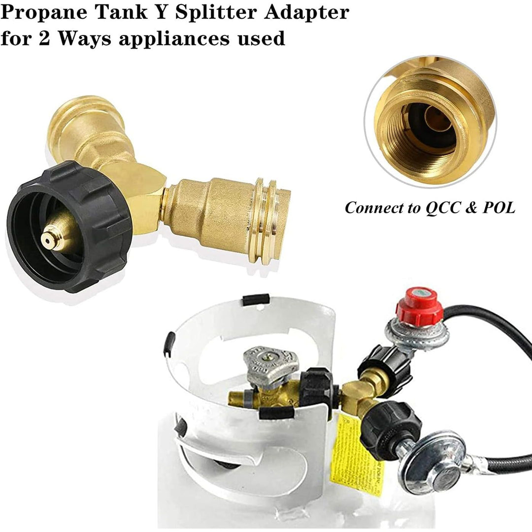 Propane Y Splitter Tee Solid Brass Adapter, Propane Splitter Gas Connector with 1 - Male QCC and 2 - Female QCC, Works for BBQ Grill, Heater Stove, Gas Burner and More - Just Closeouts Canada Inc.