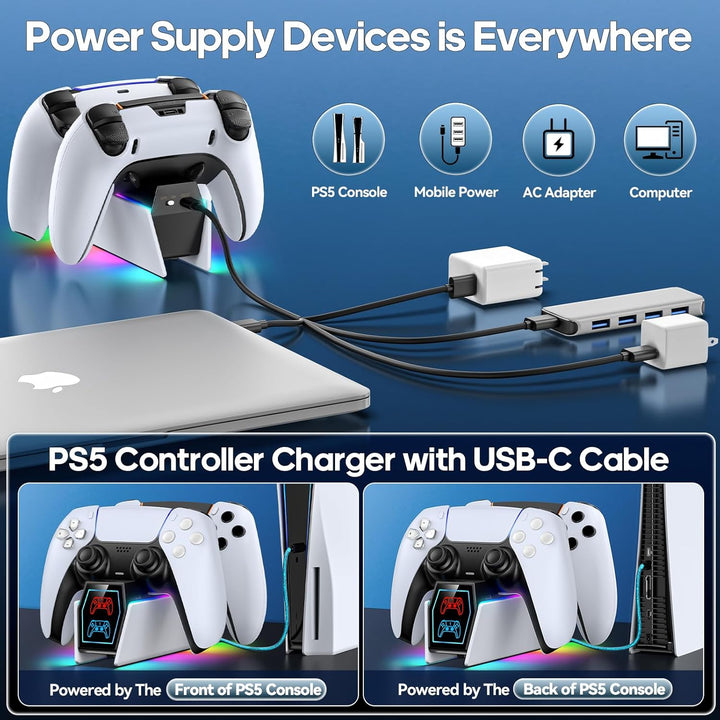 PS5 Controller Charger Compatible with PlayStation 5 Edge & Dual Controller, Tokluck PS5 Charging Dock with Charging Cable, PS5 Charger with LED Indicators, White - Just Closeouts Canada Inc.