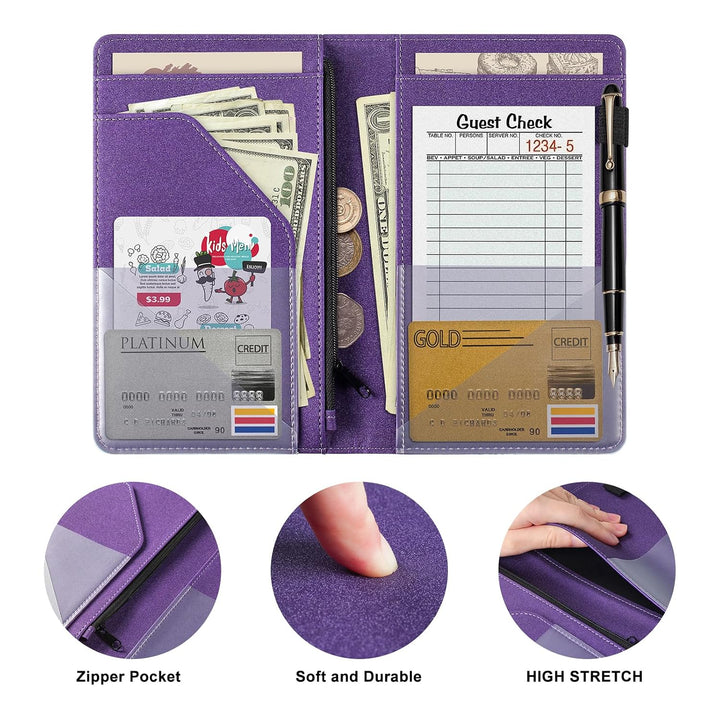 PU Leather Server Book with Zipper Pocket – Glittering Noble Purple - Just Closeouts Canada Inc.