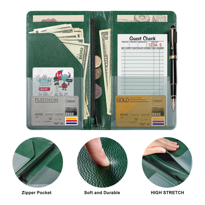 PU Leather Server Book with Zipper Pocket – Litchi Atrovirens Green - Just Closeouts Canada Inc.