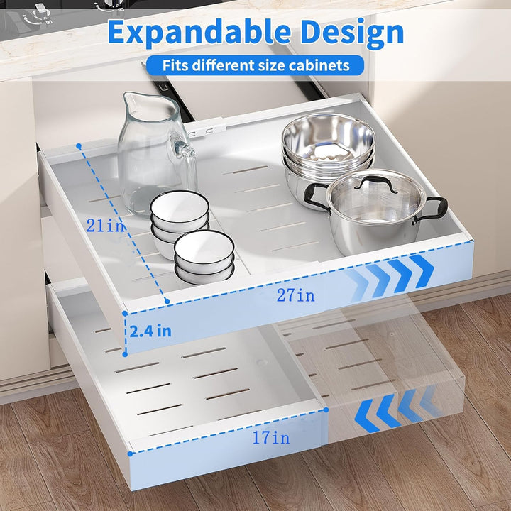 Pull Out Cabinet Organizer 2 PCS, 21" Deep Expandable(16.6" - 26.8") Pull Out Drawers for Kitchen Cabinets Fixed with Adhesive Film for Pots,Pans (White 2PC, 21" Deep) - Just Closeouts Canada Inc.