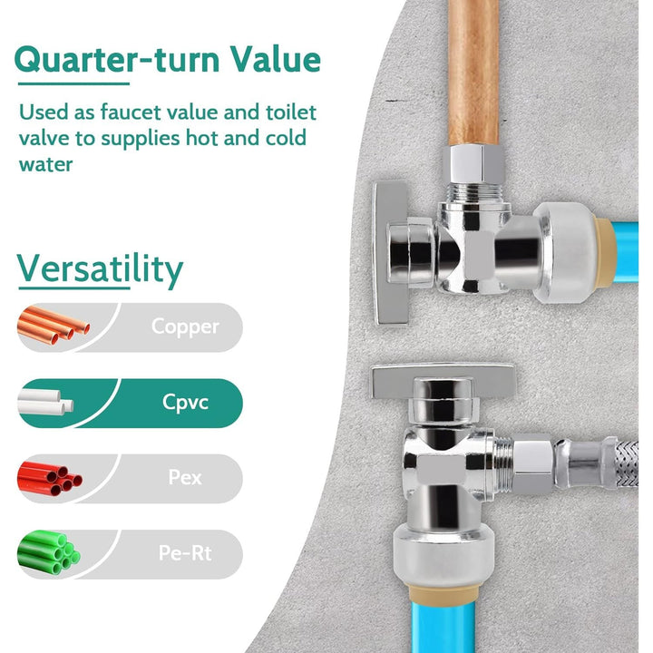 PURAGEIR Angle Stop Valve 5 Pack,1/2" Ptc X 3/8" Compression Water Shut Off Valve,1/2 Inch Pushfit X 3/8 Inch OD Compression Angle Shut Off Valve with Disconnect Clip,Pex, Copper,Cpvc,PE - RT,Brass - Just Closeouts Canada Inc.