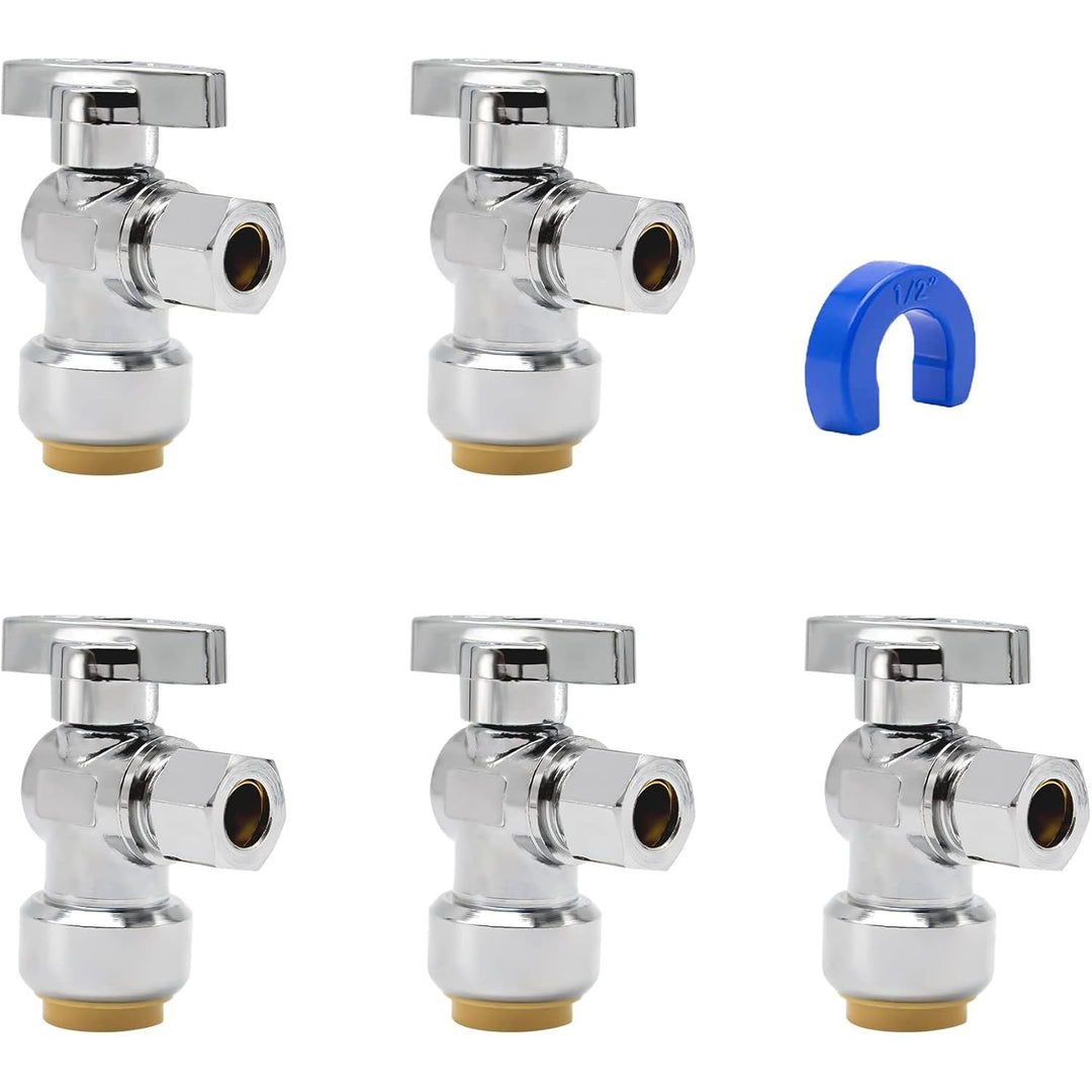PURAGEIR Angle Stop Valve 5 Pack,1/2" Ptc X 3/8" Compression Water Shut Off Valve,1/2 Inch Pushfit X 3/8 Inch OD Compression Angle Shut Off Valve with Disconnect Clip,Pex, Copper,Cpvc,PE - RT,Brass - Just Closeouts Canada Inc.