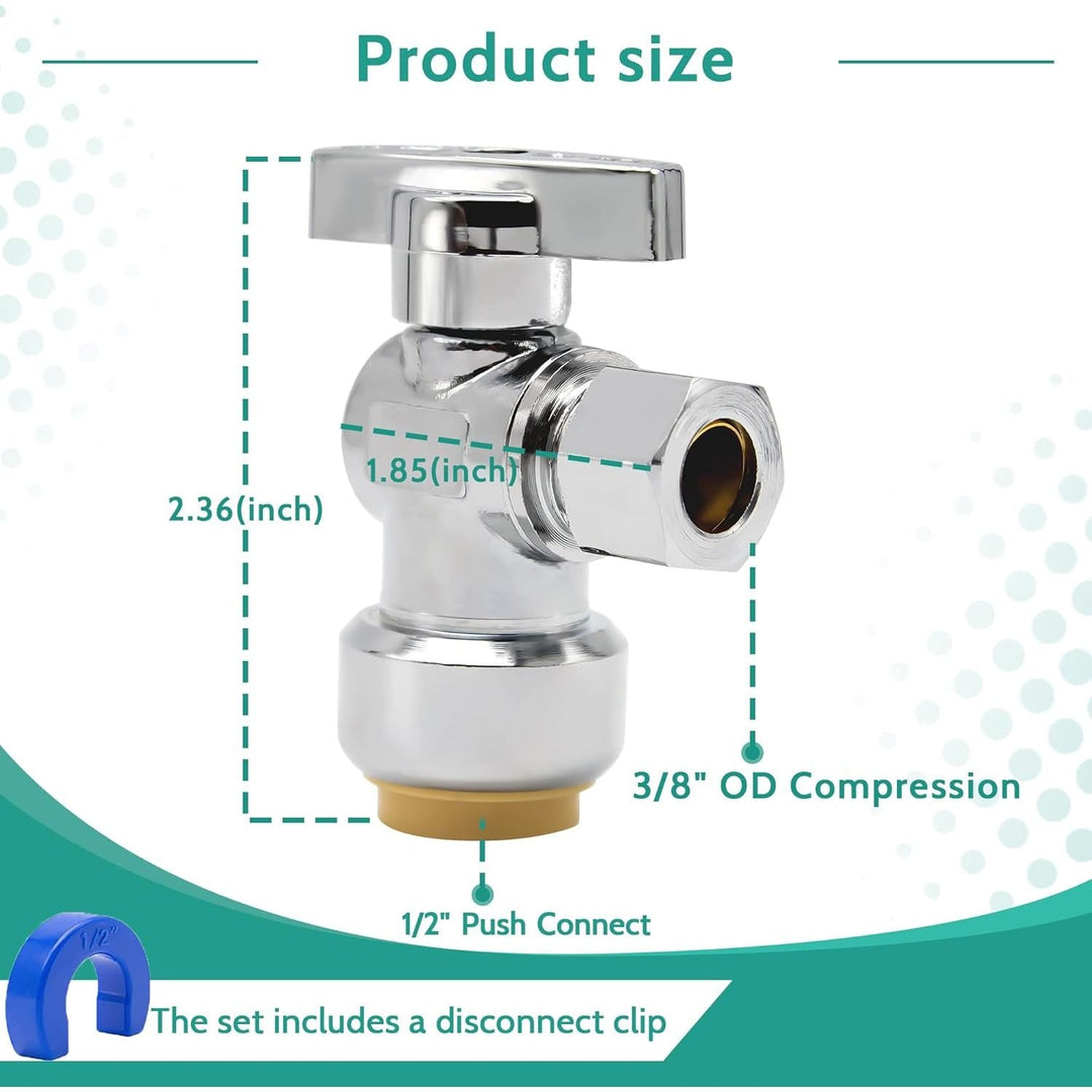 PURAGEIR Angle Stop Valve 5 Pack,1/2" Ptc X 3/8" Compression Water Shut Off Valve,1/2 Inch Pushfit X 3/8 Inch OD Compression Angle Shut Off Valve with Disconnect Clip,Pex, Copper,Cpvc,PE - RT,Brass - Just Closeouts Canada Inc.